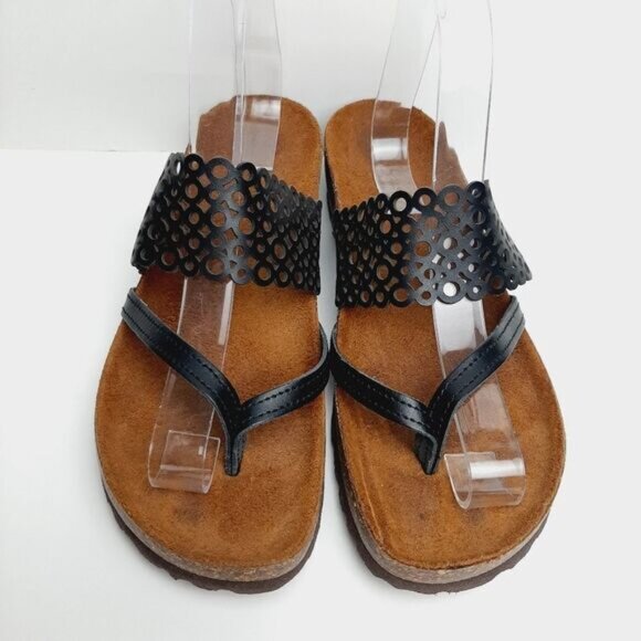 SONIA C. Italy Cork Low Wedge Heel Sandal Thong Sandal Black Geo Circle Sz 8 - Picture 4 of 12